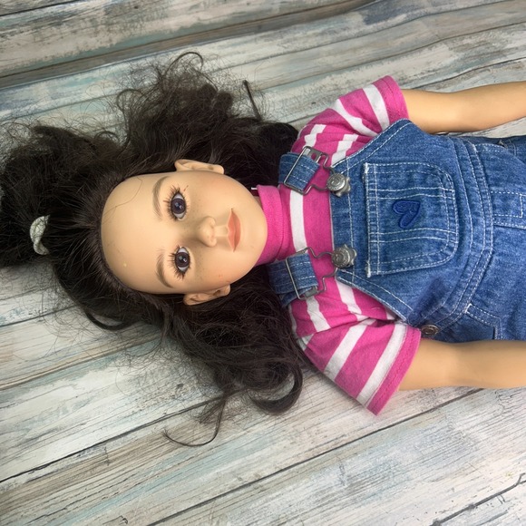My Twinn Poseable Doll Brown Hair & Eyes Overalls Stripe Top Shoes - Picture 5 of 12